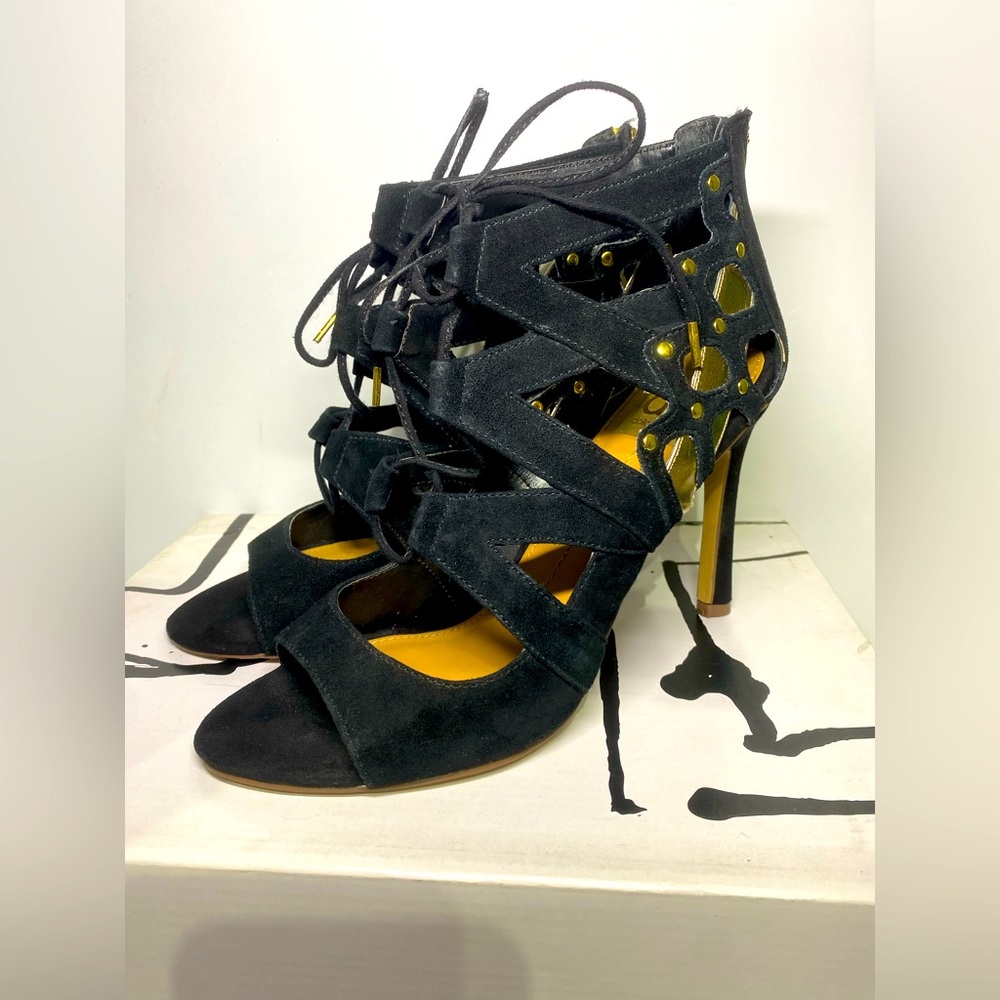 Dolce Vita- “Safia” Suede Heels- Open Toe/Lace Up, Black, Size 8, EUC
